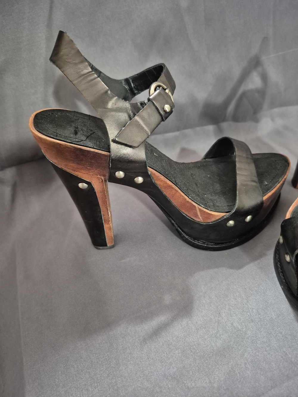 Nine West, Studio 9- Black Leather Platform Heels with Brown Wood Accent